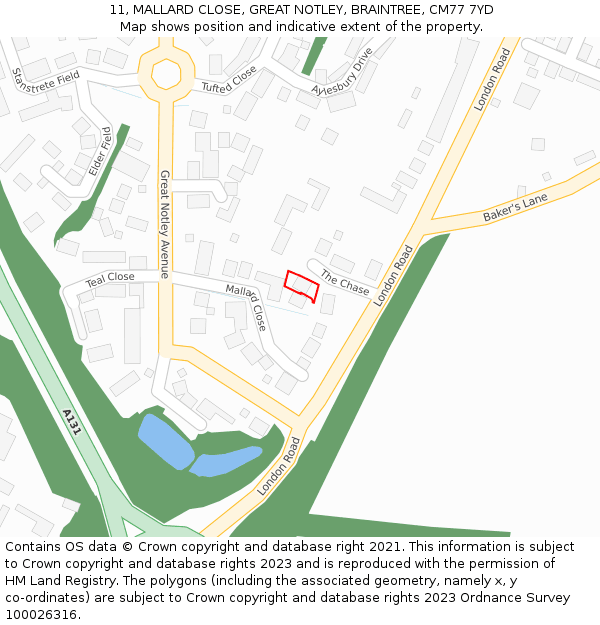 11, MALLARD CLOSE, GREAT NOTLEY, BRAINTREE, CM77 7YD: Location map and indicative extent of plot