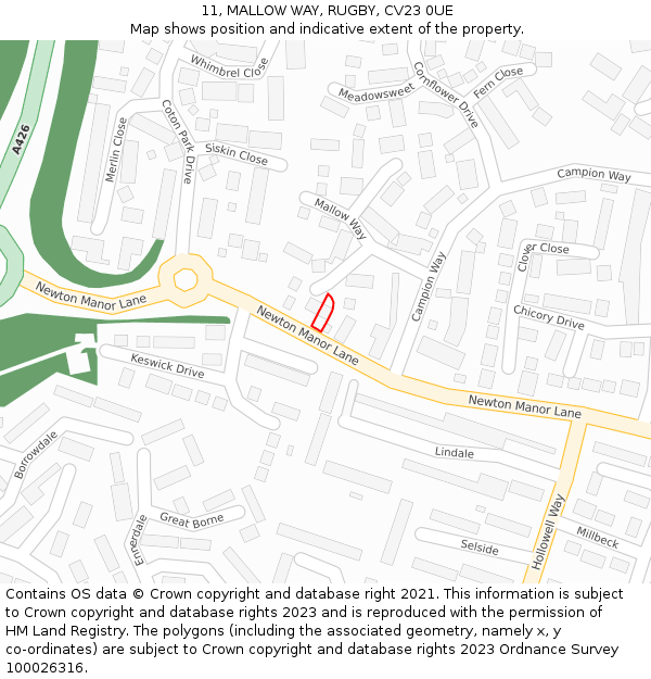 11, MALLOW WAY, RUGBY, CV23 0UE: Location map and indicative extent of plot