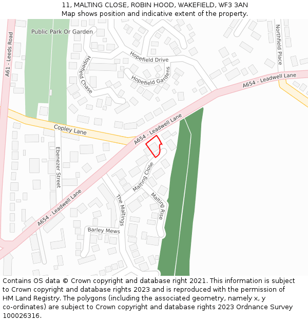 11, MALTING CLOSE, ROBIN HOOD, WAKEFIELD, WF3 3AN: Location map and indicative extent of plot