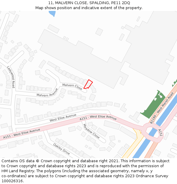 11, MALVERN CLOSE, SPALDING, PE11 2DQ: Location map and indicative extent of plot