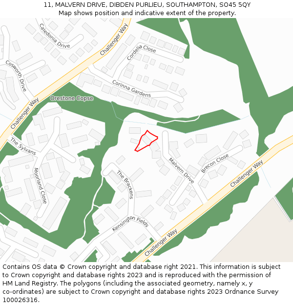 11, MALVERN DRIVE, DIBDEN PURLIEU, SOUTHAMPTON, SO45 5QY: Location map and indicative extent of plot