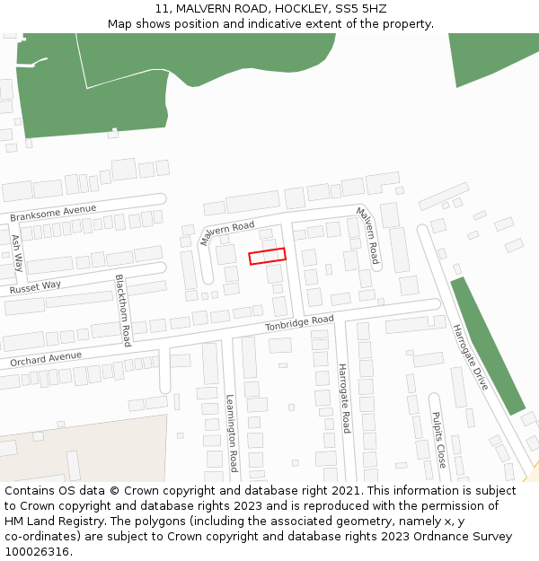 11, MALVERN ROAD, HOCKLEY, SS5 5HZ: Location map and indicative extent of plot