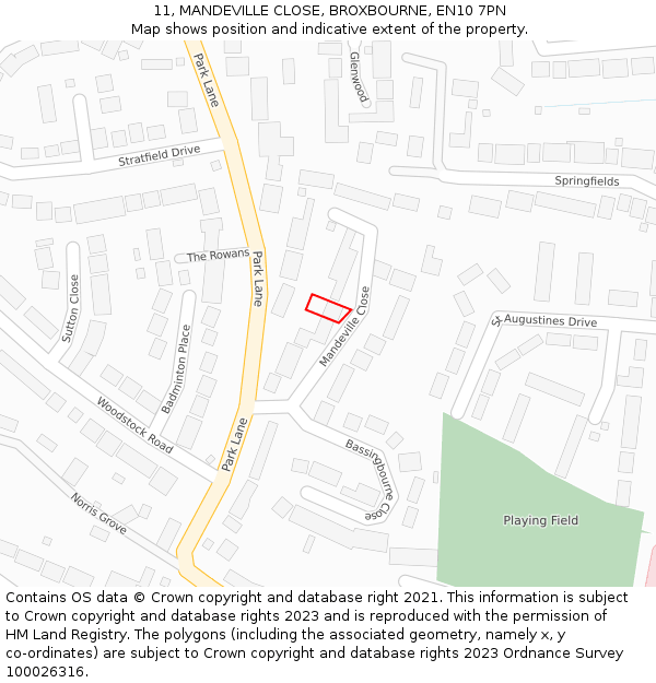 11, MANDEVILLE CLOSE, BROXBOURNE, EN10 7PN: Location map and indicative extent of plot
