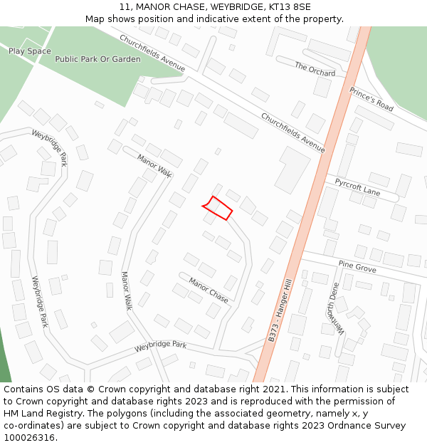 11, MANOR CHASE, WEYBRIDGE, KT13 8SE: Location map and indicative extent of plot