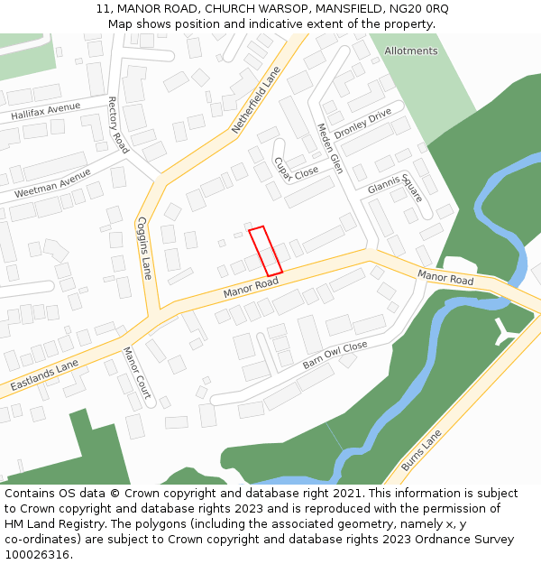 11, MANOR ROAD, CHURCH WARSOP, MANSFIELD, NG20 0RQ: Location map and indicative extent of plot