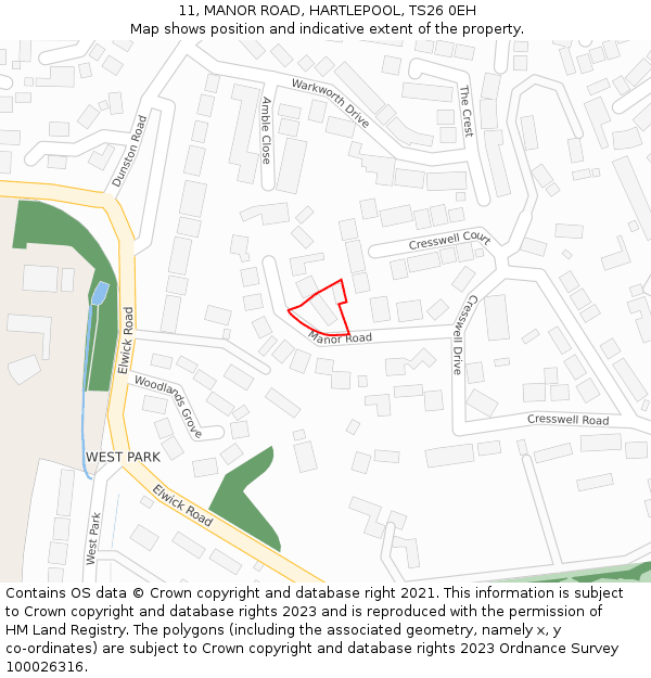 11, MANOR ROAD, HARTLEPOOL, TS26 0EH: Location map and indicative extent of plot