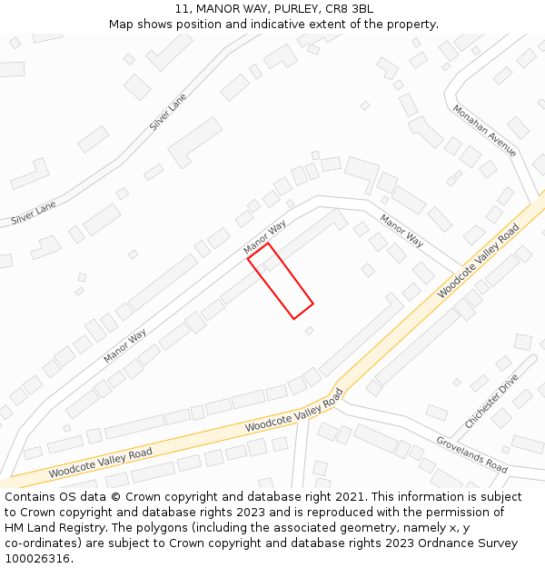 11, MANOR WAY, PURLEY, CR8 3BL: Location map and indicative extent of plot