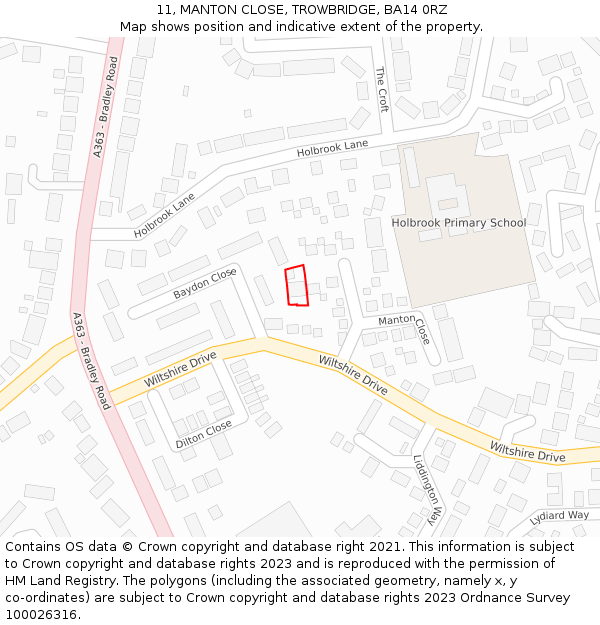 11, MANTON CLOSE, TROWBRIDGE, BA14 0RZ: Location map and indicative extent of plot