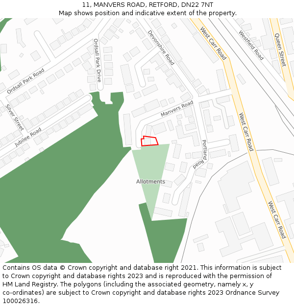 11, MANVERS ROAD, RETFORD, DN22 7NT: Location map and indicative extent of plot