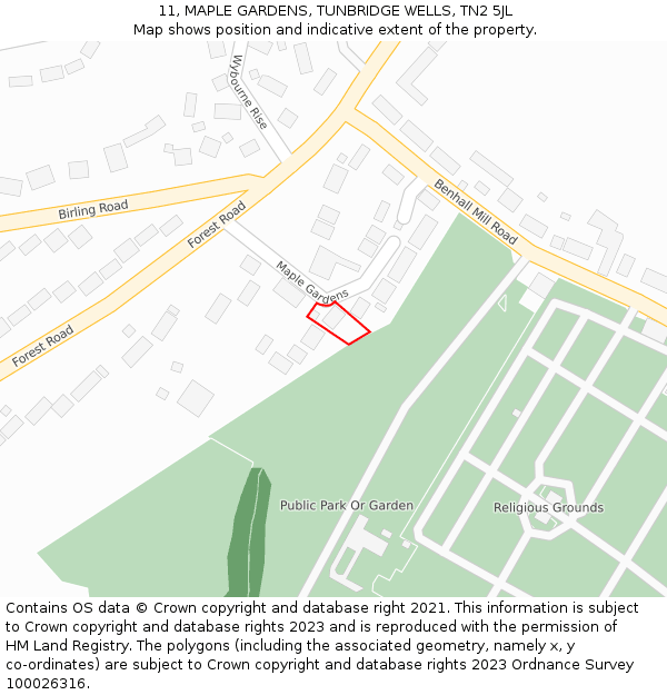 11, MAPLE GARDENS, TUNBRIDGE WELLS, TN2 5JL: Location map and indicative extent of plot