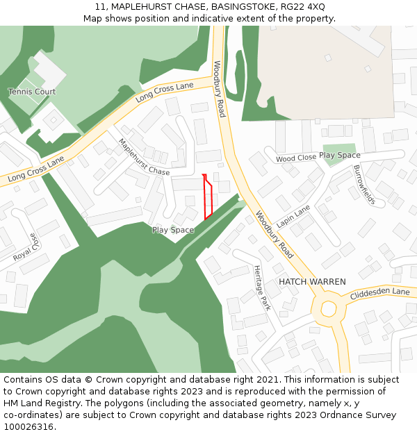 11, MAPLEHURST CHASE, BASINGSTOKE, RG22 4XQ: Location map and indicative extent of plot