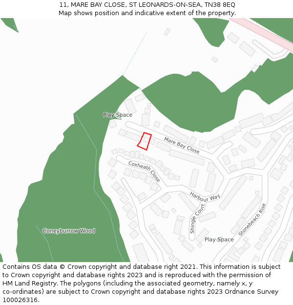 11, MARE BAY CLOSE, ST LEONARDS-ON-SEA, TN38 8EQ: Location map and indicative extent of plot