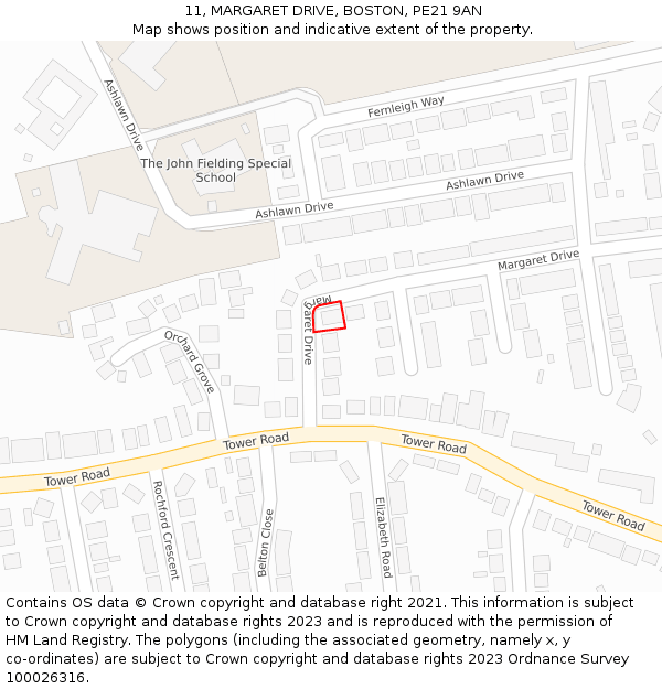 11, MARGARET DRIVE, BOSTON, PE21 9AN: Location map and indicative extent of plot