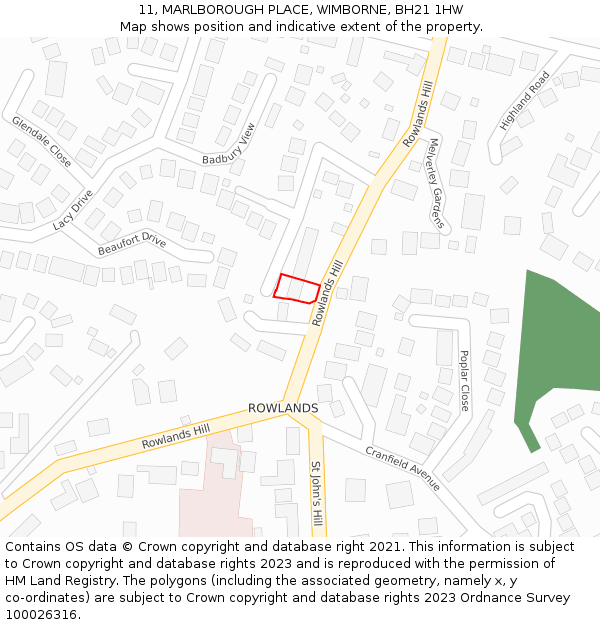 11, MARLBOROUGH PLACE, WIMBORNE, BH21 1HW: Location map and indicative extent of plot