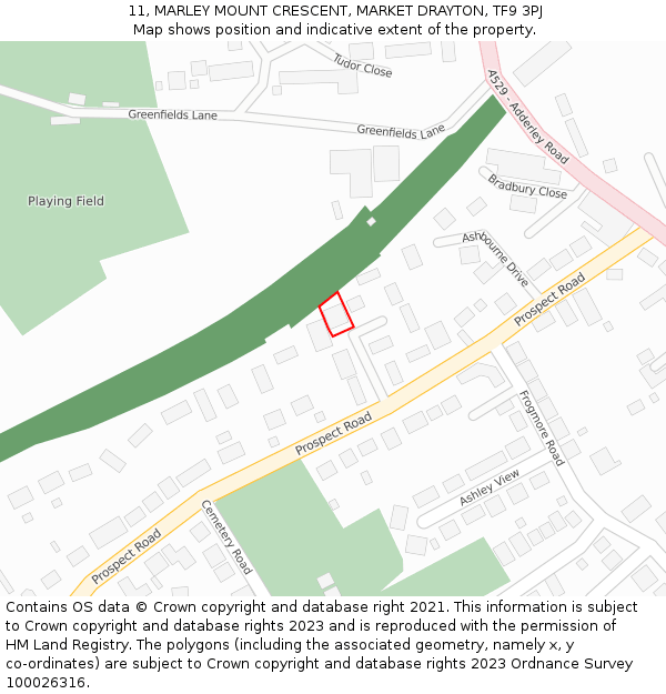 11, MARLEY MOUNT CRESCENT, MARKET DRAYTON, TF9 3PJ: Location map and indicative extent of plot