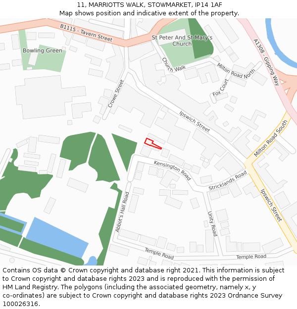 11, MARRIOTTS WALK, STOWMARKET, IP14 1AF: Location map and indicative extent of plot