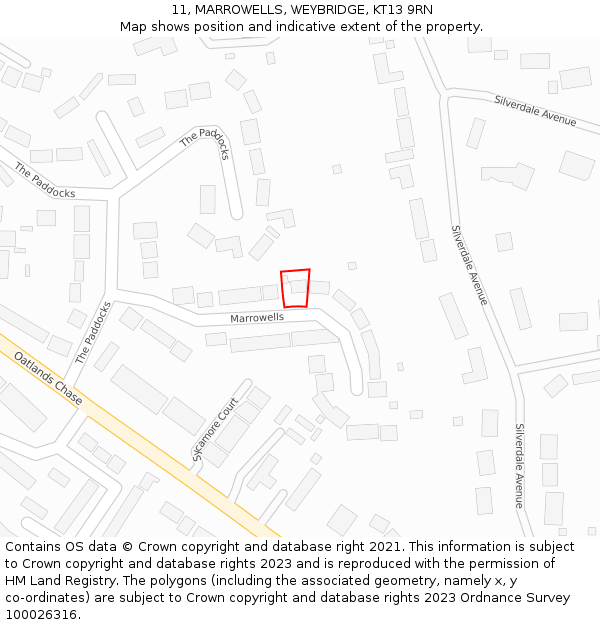 11, MARROWELLS, WEYBRIDGE, KT13 9RN: Location map and indicative extent of plot