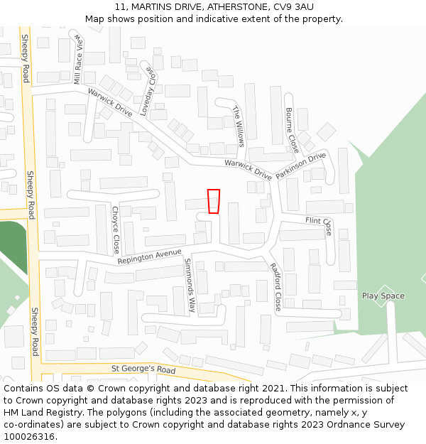 11, MARTINS DRIVE, ATHERSTONE, CV9 3AU: Location map and indicative extent of plot