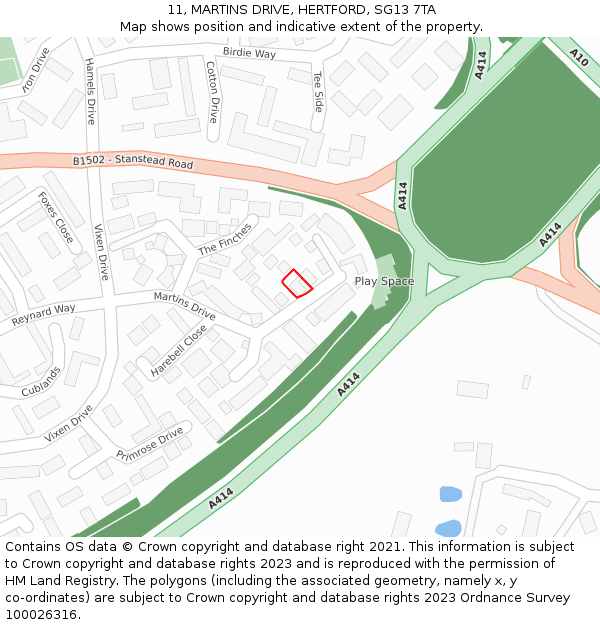 11, MARTINS DRIVE, HERTFORD, SG13 7TA: Location map and indicative extent of plot