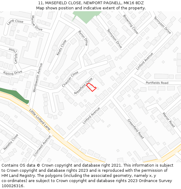 11, MASEFIELD CLOSE, NEWPORT PAGNELL, MK16 8DZ: Location map and indicative extent of plot