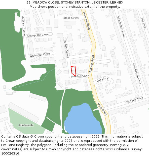 11, MEADOW CLOSE, STONEY STANTON, LEICESTER, LE9 4BX: Location map and indicative extent of plot