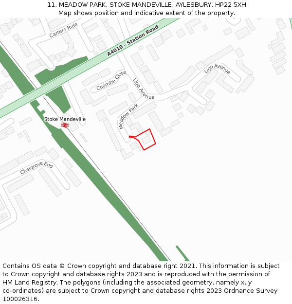 11, MEADOW PARK, STOKE MANDEVILLE, AYLESBURY, HP22 5XH: Location map and indicative extent of plot