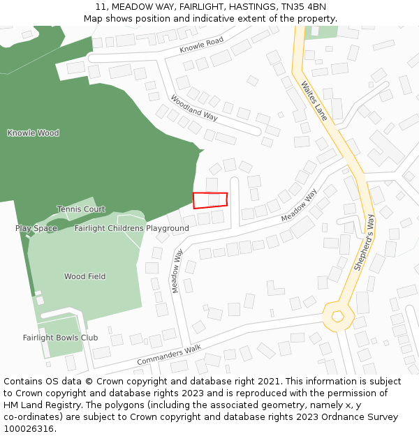 11, MEADOW WAY, FAIRLIGHT, HASTINGS, TN35 4BN: Location map and indicative extent of plot