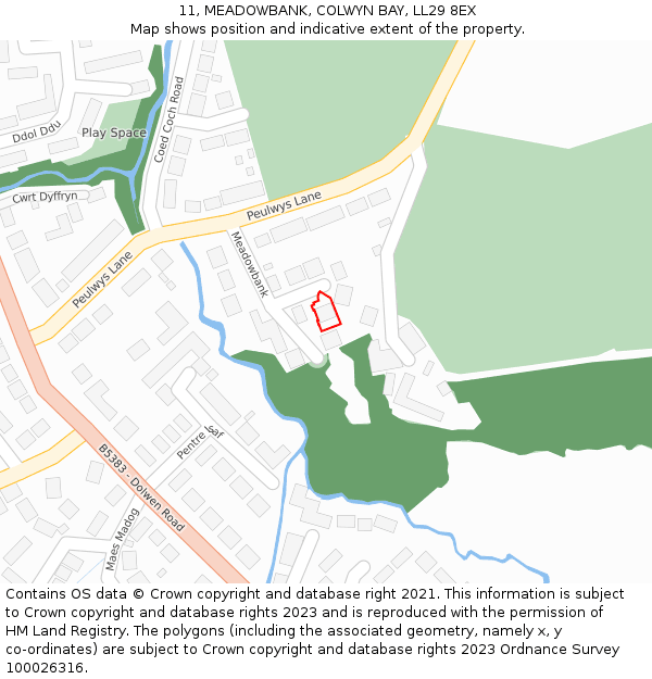 11, MEADOWBANK, COLWYN BAY, LL29 8EX: Location map and indicative extent of plot