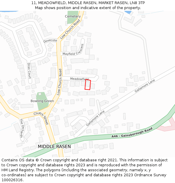 11, MEADOWFIELD, MIDDLE RASEN, MARKET RASEN, LN8 3TP: Location map and indicative extent of plot