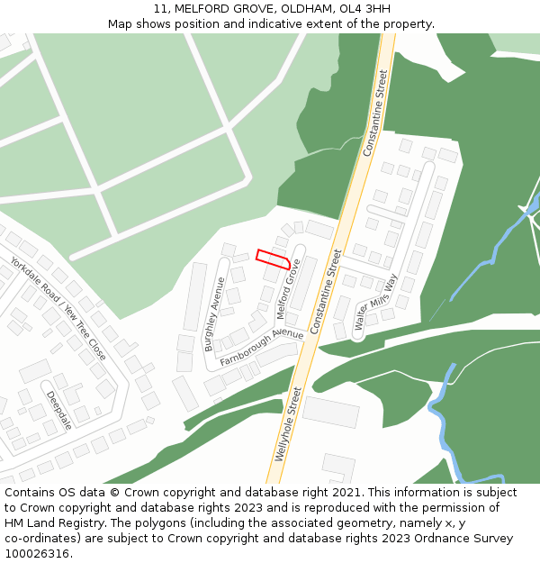 11, MELFORD GROVE, OLDHAM, OL4 3HH: Location map and indicative extent of plot