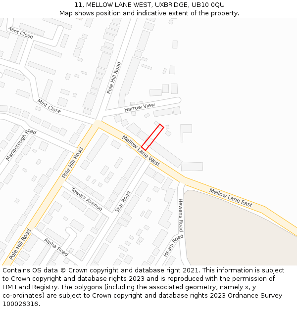 11, MELLOW LANE WEST, UXBRIDGE, UB10 0QU: Location map and indicative extent of plot