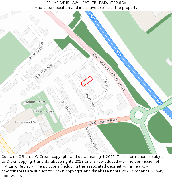 11, MELVINSHAW, LEATHERHEAD, KT22 8SX: Location map and indicative extent of plot