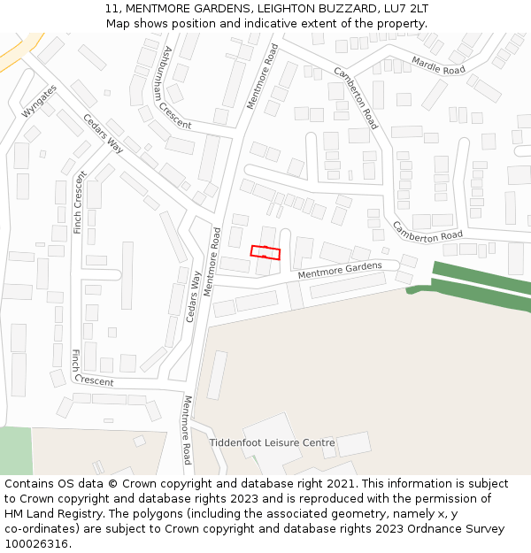 11, MENTMORE GARDENS, LEIGHTON BUZZARD, LU7 2LT: Location map and indicative extent of plot