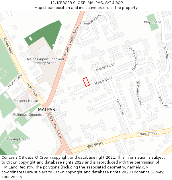 11, MERCER CLOSE, MALPAS, SY14 8QP: Location map and indicative extent of plot