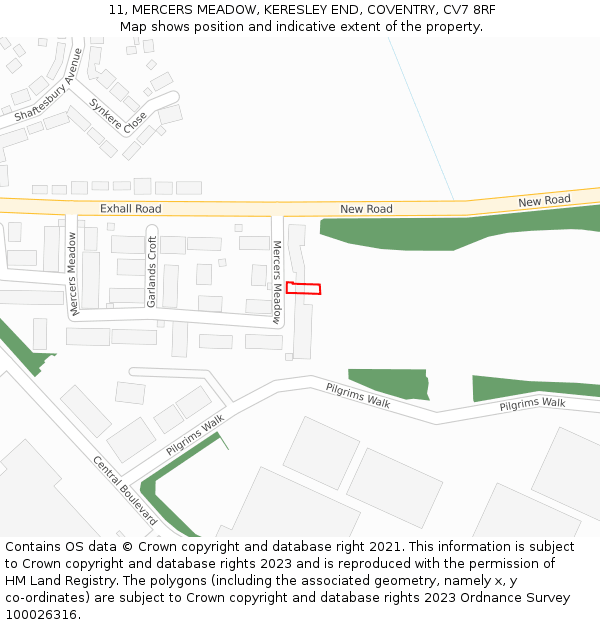 11, MERCERS MEADOW, KERESLEY END, COVENTRY, CV7 8RF: Location map and indicative extent of plot