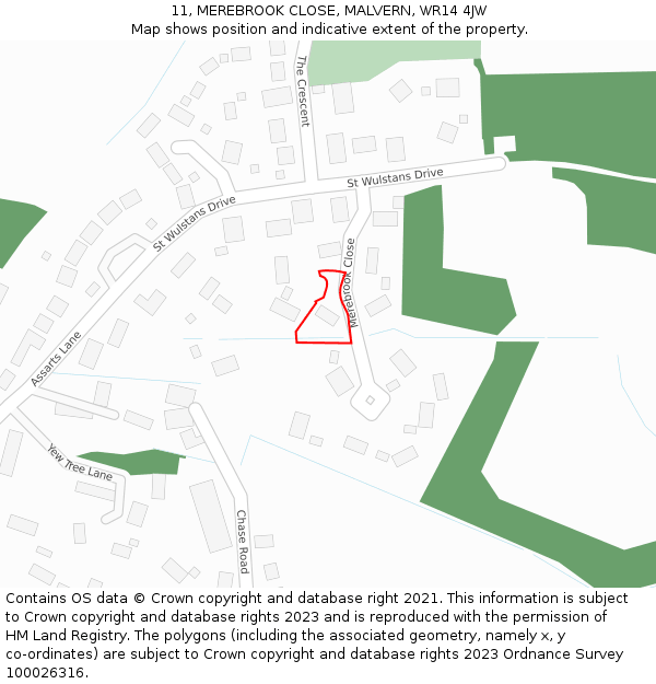 11, MEREBROOK CLOSE, MALVERN, WR14 4JW: Location map and indicative extent of plot