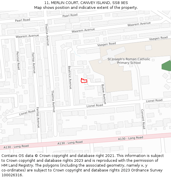 11, MERLIN COURT, CANVEY ISLAND, SS8 9ES: Location map and indicative extent of plot