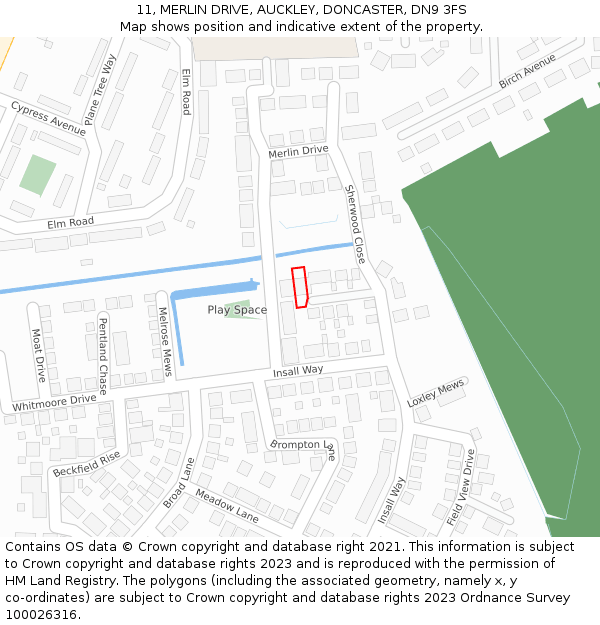 11, MERLIN DRIVE, AUCKLEY, DONCASTER, DN9 3FS: Location map and indicative extent of plot