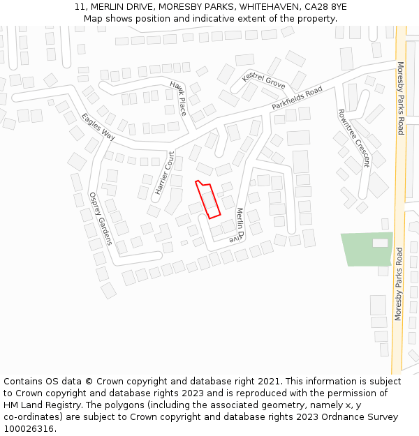 11, MERLIN DRIVE, MORESBY PARKS, WHITEHAVEN, CA28 8YE: Location map and indicative extent of plot