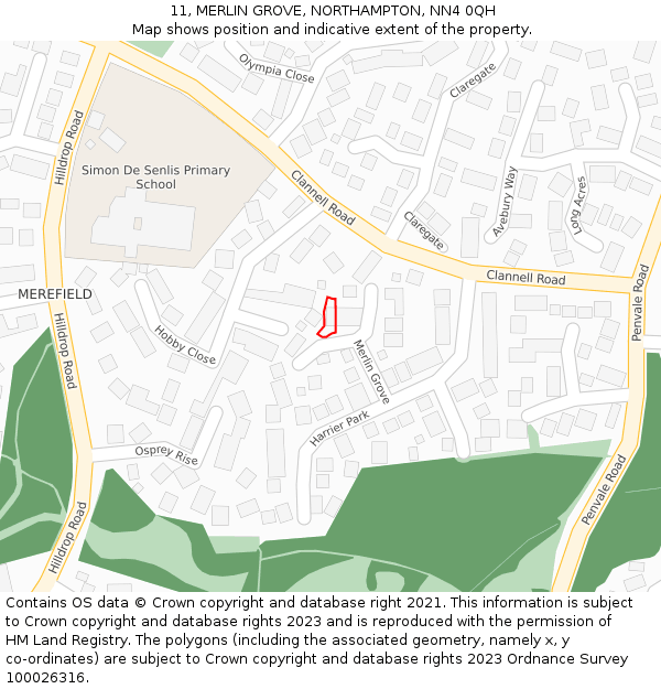 11, MERLIN GROVE, NORTHAMPTON, NN4 0QH: Location map and indicative extent of plot