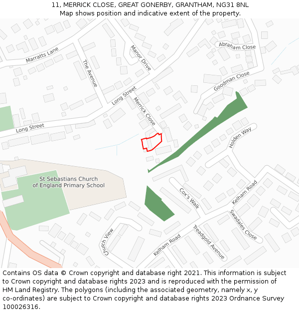 11, MERRICK CLOSE, GREAT GONERBY, GRANTHAM, NG31 8NL: Location map and indicative extent of plot