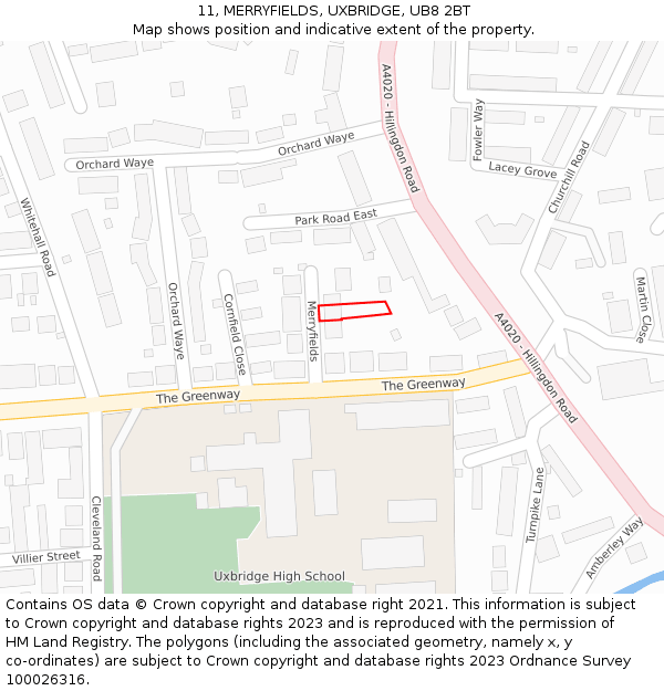11, MERRYFIELDS, UXBRIDGE, UB8 2BT: Location map and indicative extent of plot