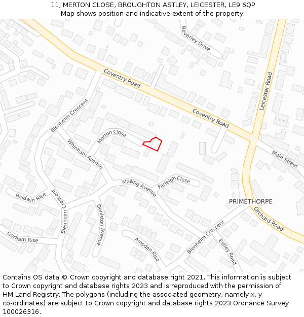 11, MERTON CLOSE, BROUGHTON ASTLEY, LEICESTER, LE9 6QP: Location map and indicative extent of plot