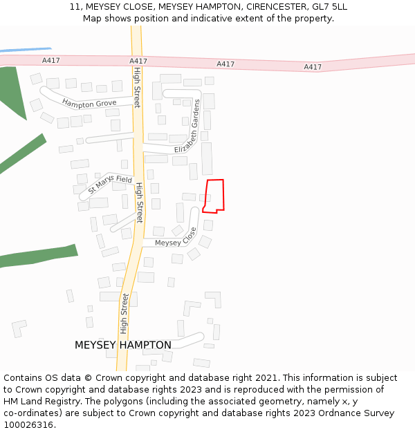 11, MEYSEY CLOSE, MEYSEY HAMPTON, CIRENCESTER, GL7 5LL: Location map and indicative extent of plot