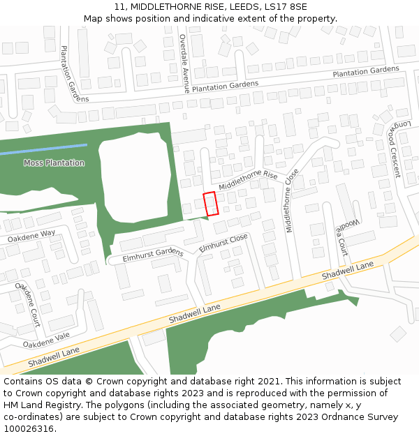 11, MIDDLETHORNE RISE, LEEDS, LS17 8SE: Location map and indicative extent of plot