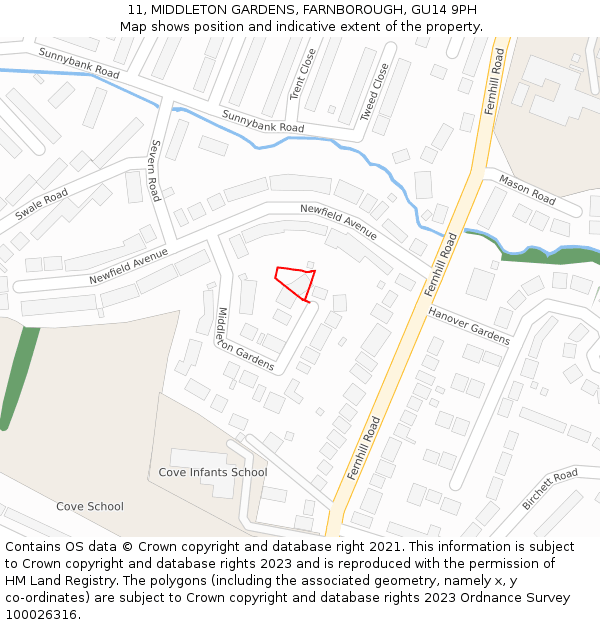 11, MIDDLETON GARDENS, FARNBOROUGH, GU14 9PH: Location map and indicative extent of plot