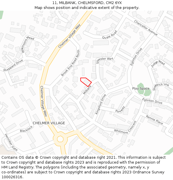 11, MILBANK, CHELMSFORD, CM2 6YX: Location map and indicative extent of plot