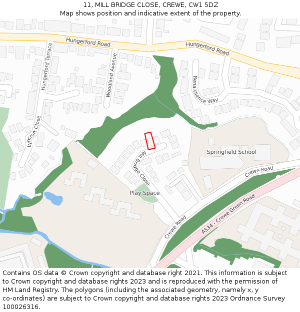 11, MILL BRIDGE CLOSE, CREWE, CW1 5DZ: Location map and indicative extent of plot