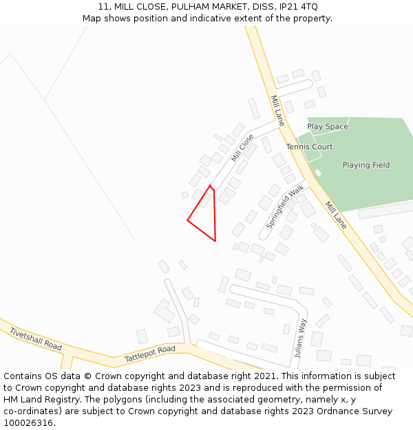 11, MILL CLOSE, PULHAM MARKET, DISS, IP21 4TQ: Location map and indicative extent of plot