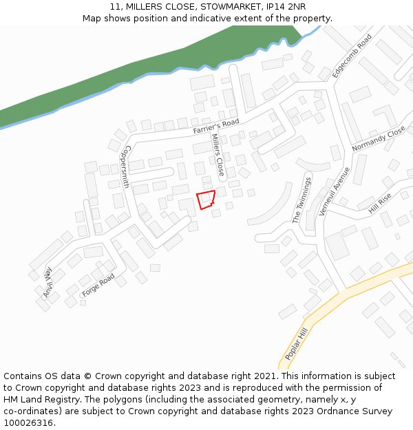 11, MILLERS CLOSE, STOWMARKET, IP14 2NR: Location map and indicative extent of plot